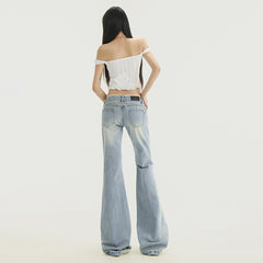 Women's Lace Splicing Flared Denim Pants Slim Low Waist Hoof Ankle-Length Pants