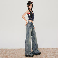 Women's Denim Blue Jeans Low Waist Slim Fit Versatile Straight Leg Wide Leg Floor Length Pants