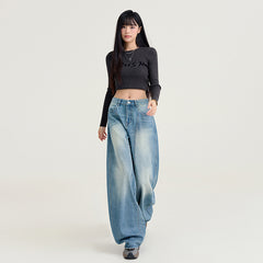Women's Washed Wide Leg Jeans with Saber Splicing Straight Floor-Length Pants