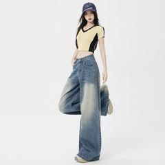Women's Washed Vintage Blue Draped Loose High-Waist Wide-Leg Jeans