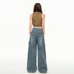 Women's  Multi-Pocket Workwear Denim Pants Loose Wide-Leg Pants