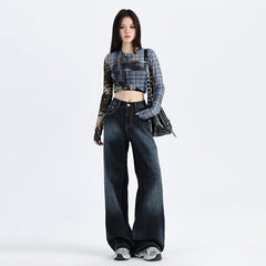 Light Blue Gradient Wide-Leg Jeans Autumn Washed Design Loose Drape Straight Trousers