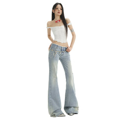 Women's Lace Splicing Flared Denim Pants Slim Low Waist Hoof Ankle-Length Pants