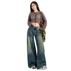 Women's  Heavy Wash Denim Pants Loose Wide Leg Trousers Retro Lazy Loose Fit