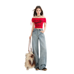 Women's Wide Leg Jeans Loose Drape Washed Straight Leg Floor Length Pants