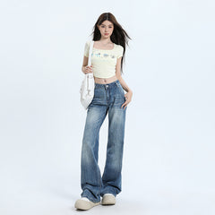 Women's Low Waist Flared Jeans with Cracked Design Long Pants