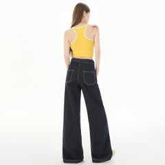 Women's Denim Blue Belted Knife-Edge Jeans High-Waisted Loose Concealing Drape Wide-Leg Pants