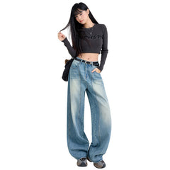 Women's Washed Wide Leg Jeans with Saber Splicing Straight Floor-Length Pants