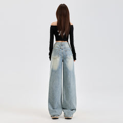 Denim Pants Spring New Washed Distressed Floor-Length Wide Straight Leg Pants for Women