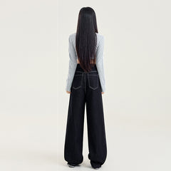 Women's Washed Wide Leg Jeans with Saber Splicing Straight Floor-Length Pants