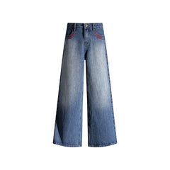 Loose Wide-Leg Denim Pants for Women with Vintage Embroidery and Stud Details,