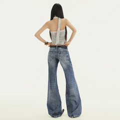 Women's Low-Waist Flared Jeans, Cracked Drape Straight Floor-Length Pants