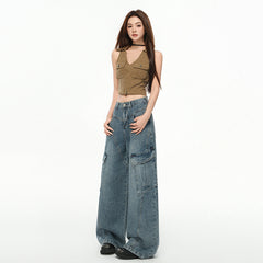 Women's  Multi-Pocket Workwear Denim Pants Loose Wide-Leg Pants