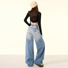 Women's High Street Leg Floor-Length Pants Washed Wide Leg Jeans