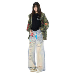 Graffiti Heart Bear Chain Curved Knife Pants High Street Loose Wide Leg Jeans for Women
