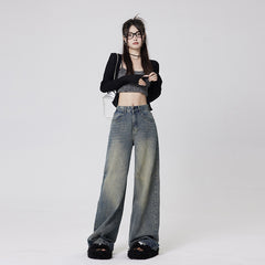 Women's Mid-Waist Loose Washed Wide-Leg Jeans with Floor-Length Pants