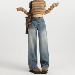 Women's  Wide-Leg Jeans High-Waist Loose Drape Hip-Covering Straight Leg Pants