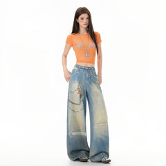 Chain Print Denim Pants Women's Casual Hip-hop Style Loose Wide Leg Tapered Fit Pants