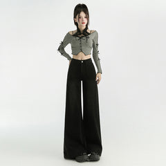Wide-Leg Denim Pants for Women Low Waist Loose Flared Floor-Length Trousers