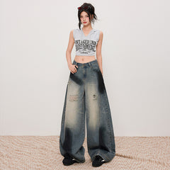 Women's Distressed Slash Denim Pants Spray Painted Vintage Loose Wide Leg Trousers