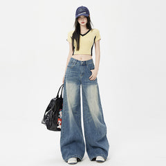 Women's Washed Vintage Blue Draped Loose High-Waist Wide-Leg Jeans