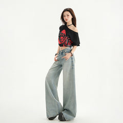 Light Blue Washed Wide-Leg Floor-Length Pants High Street Loose Versatile Straight Leg