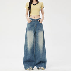 Women's Washed Vintage Blue Draped Loose High-Waist Wide-Leg Jeans