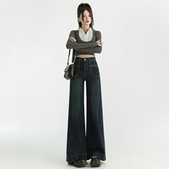 Wide-Leg Denim Pants for Women Low Waist Loose Flared Floor-Length Trousers