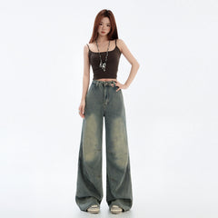 Blue Wide Leg Jeans Deconstructed Design Straight Leg Denim Pants for Women