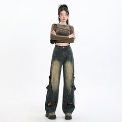 Women's High Waist Denim Pants Loose Design Sense Leg Wide Leg Pants