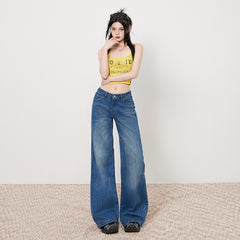 Women's Bamboo Water Washed Straight Leg Jeans Low Waist Slim Wide Leg Pants