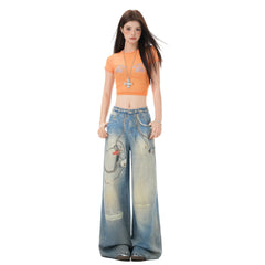 Chain Print Denim Pants Women's Casual Hip-hop Style Loose Wide Leg Tapered Fit Pants