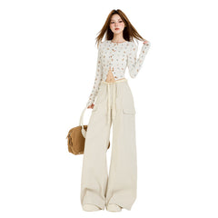 Women's Military Green Ruffle Work Pants Autumn Wide Leg Floor-Length Casual Trousers