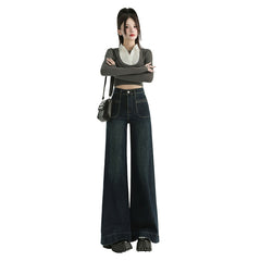 Wide-Leg Denim Pants for Women Low Waist Loose Flared Floor-Length Trousers
