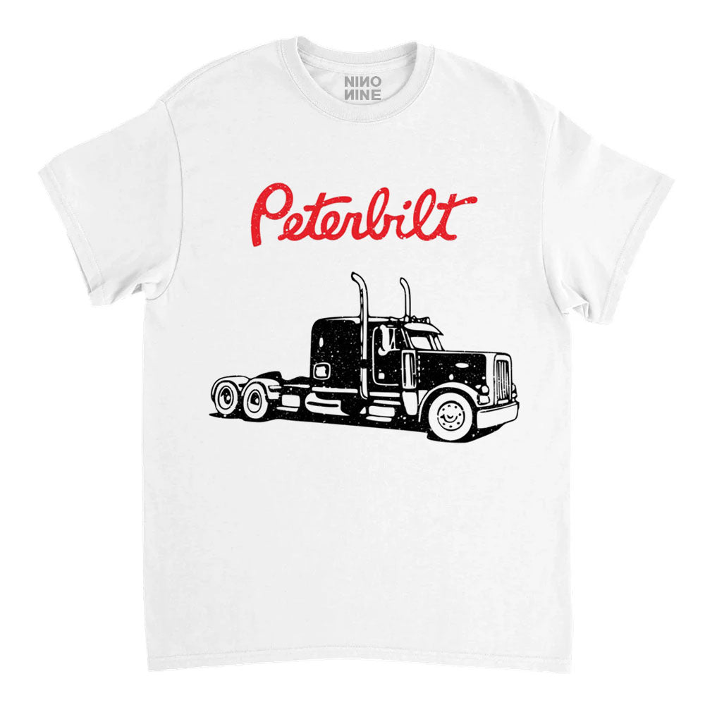 White t-shirt with black truck graphic and red 'Peterbilt' text on a white background