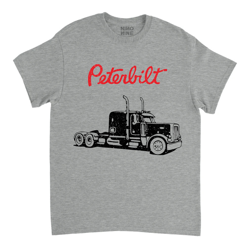Gray t-shirt with a Peterbilt truck graphic and red text on a white background