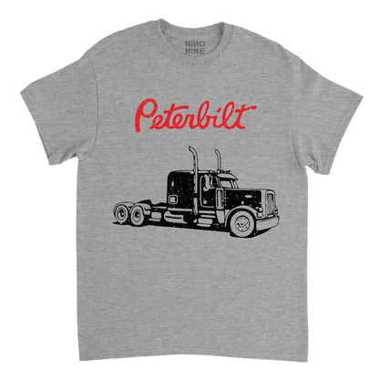 Gray t-shirt with a Peterbilt truck graphic and red text on a white background