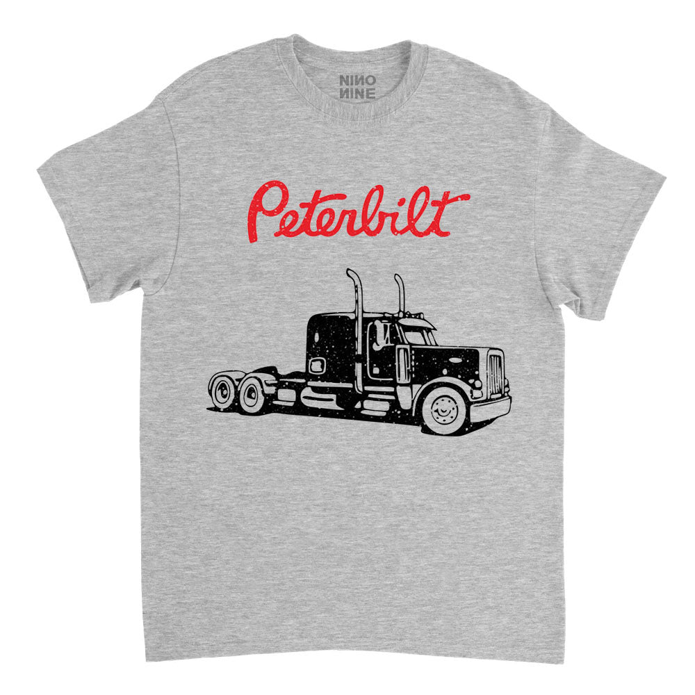 Gray t-shirt with a black truck graphic and 'Peterbilt' text on a white background