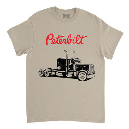 Beige t-shirt with Peterbilt truck graphic and red text on a white background