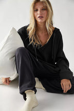 Black Oversize Waffle Drop Shoulder Exposed Seam V Neck Hoodie