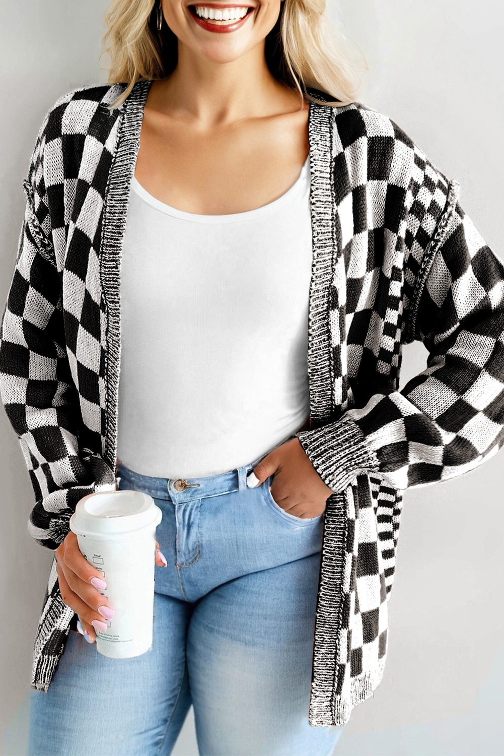 Black Checkered Plus Size Drop Shoulder Knit Cardigan