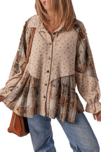 Oatmeal Boho Floral Plaid Patchwork Waffle Knit Distressed Jacket
