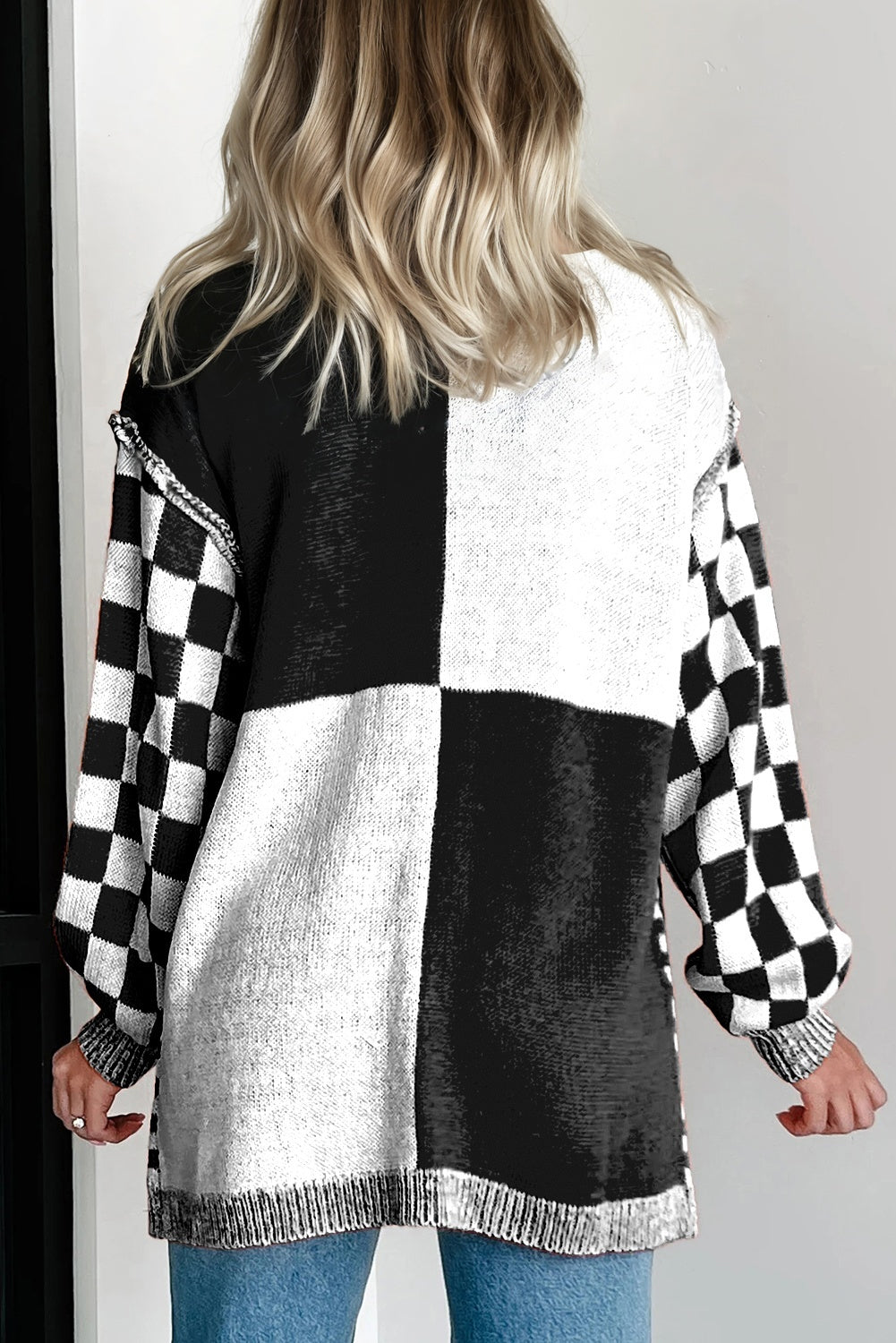 Black Checkered Plus Size Drop Shoulder Knit Cardigan